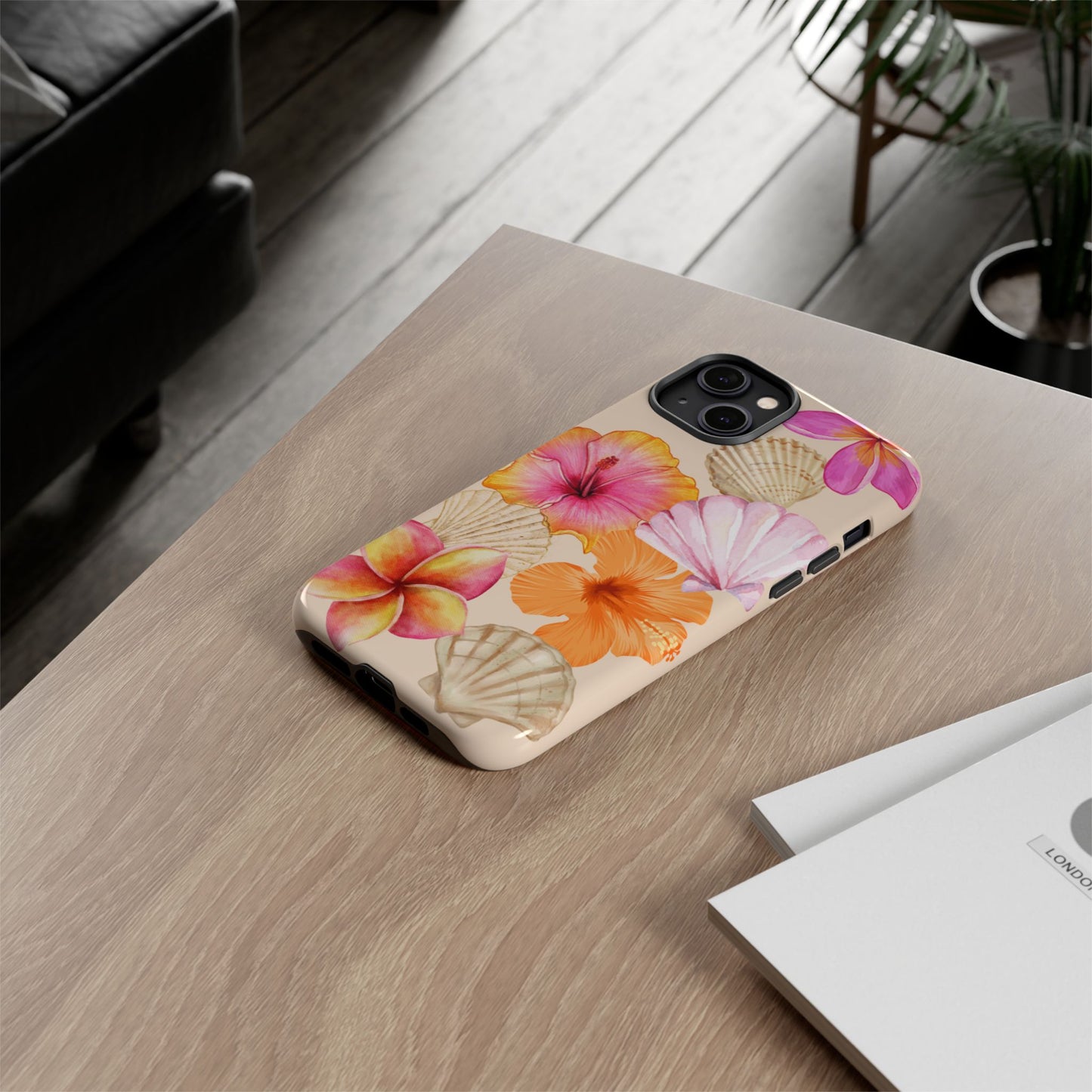 IPHONE Tropical Floral and Seashell Tough Phone Case l Vibrant Summer Accessory, Durable Tough Case for All Occasions