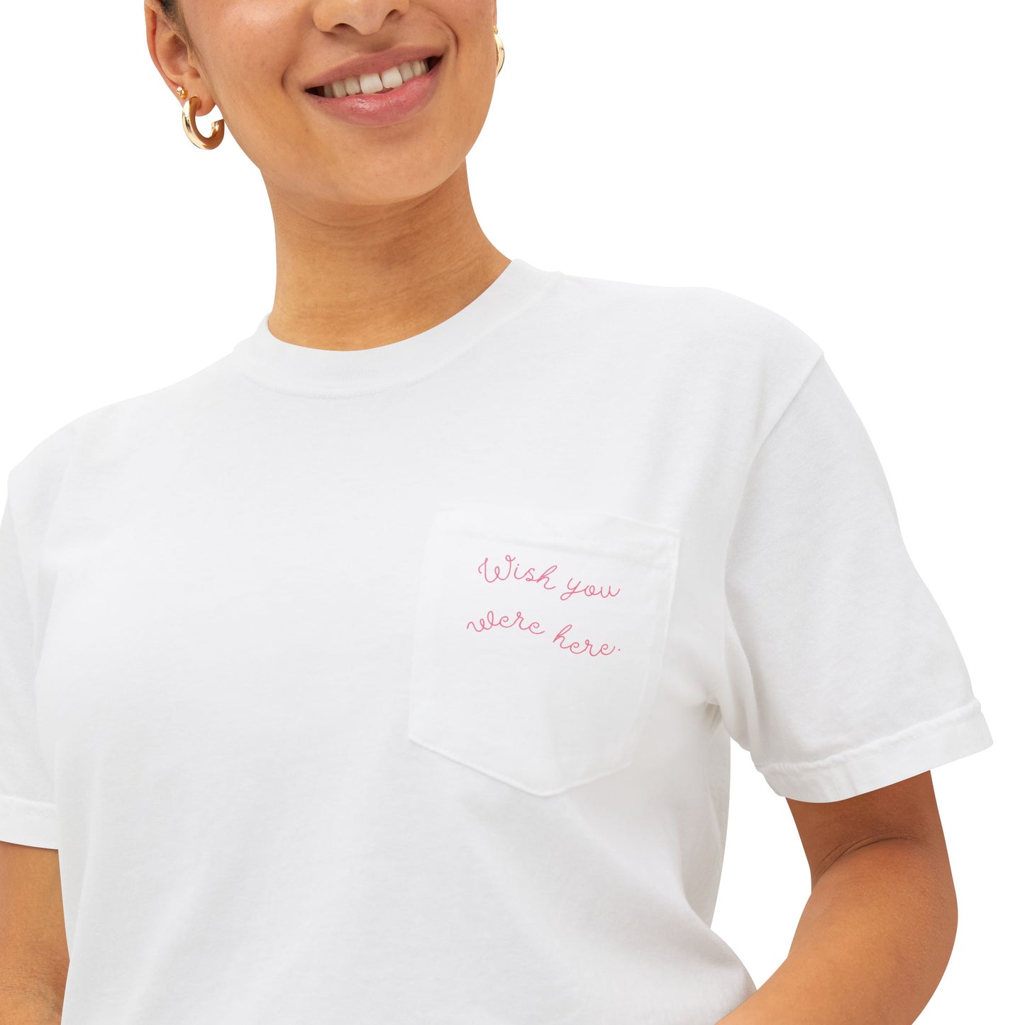 "Wish you were here" Unisex Garment-Dyed Pocket T-Shirt l Casual Everyday Tee, Comfortable Relaxed Fit
