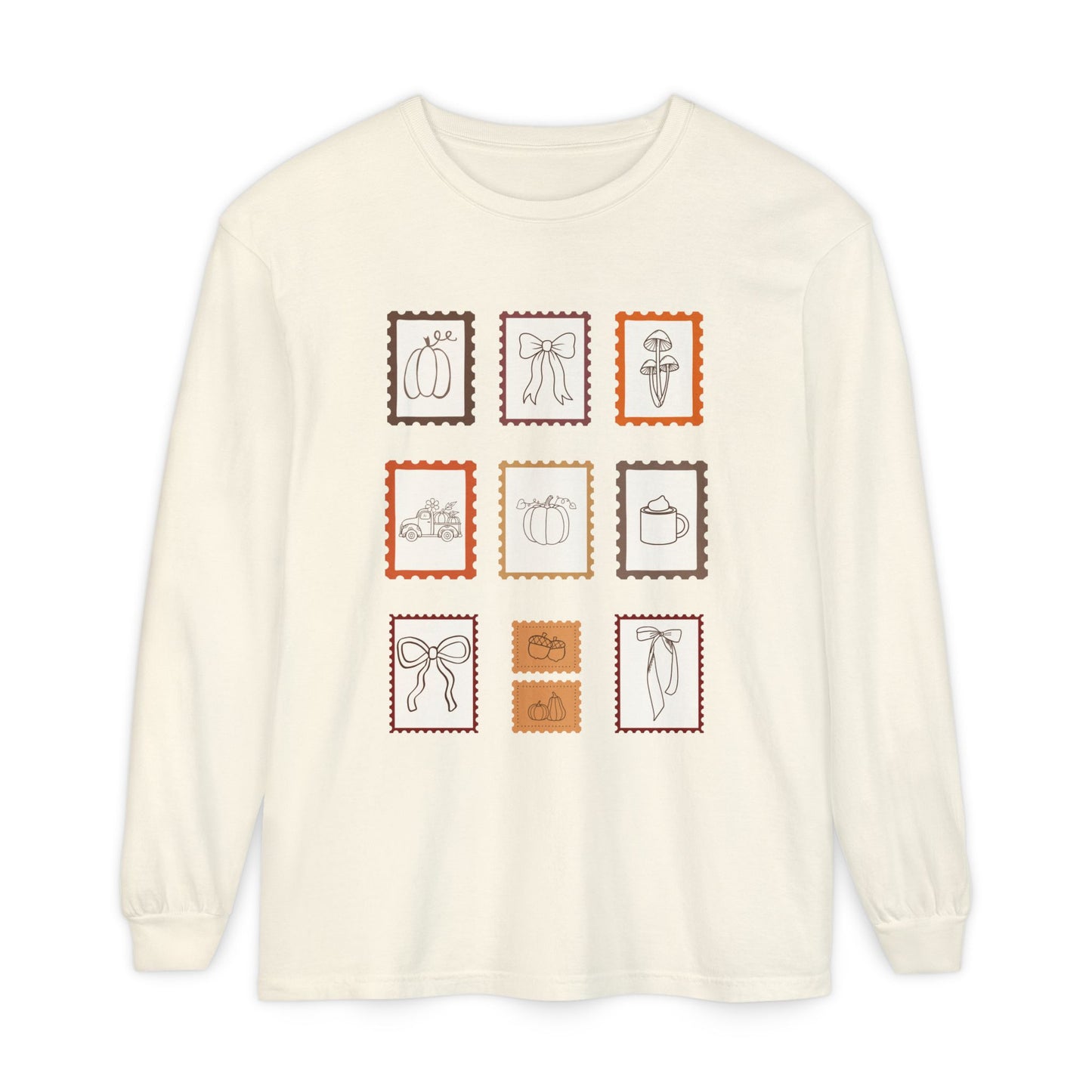Whimsical Long Sleeve T-Shirt with Vintage Stamp Designs, Perfect for Casual Wear, Gift for Friends, Art Lovers, Birthdays, Holidays