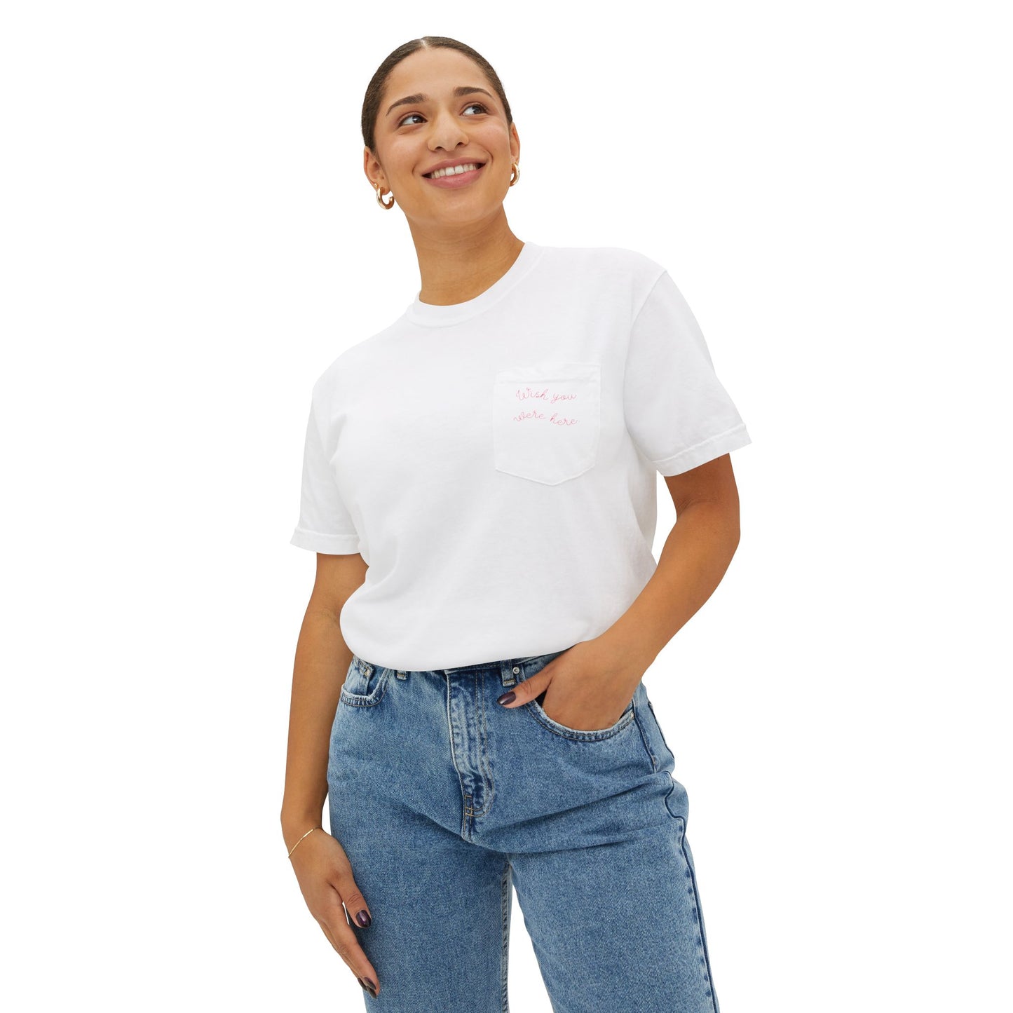 "Wish you were here" Unisex Garment-Dyed Pocket T-Shirt l Casual Everyday Tee, Comfortable Relaxed Fit