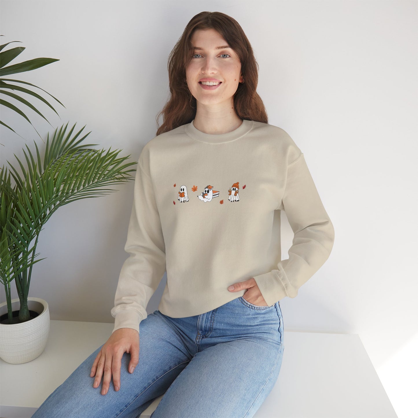 Cute Ghosts with Books Cozy Unisex Crewneck Sweatshirt l Perfect for Holidays, Casual Wear, Gifts, Winter, Relaxed Style