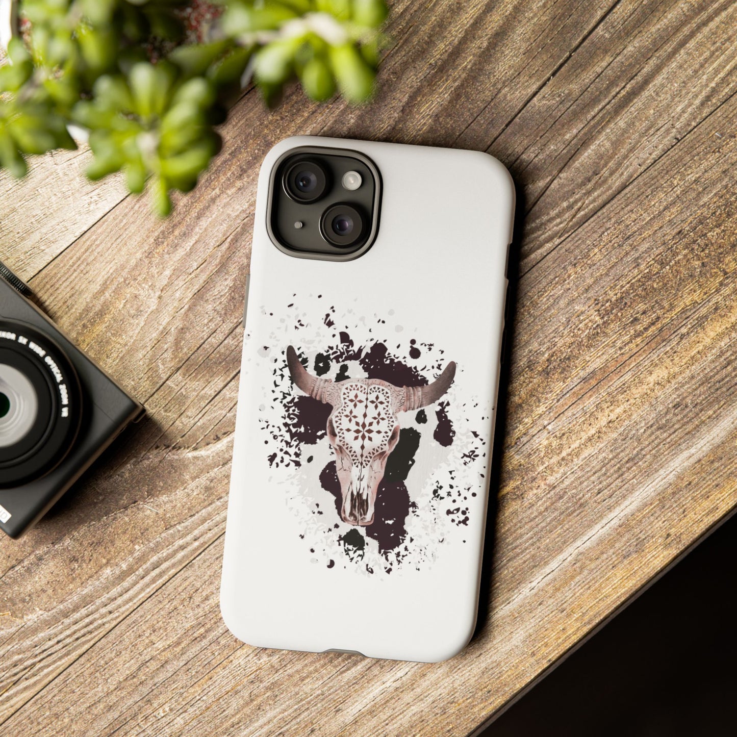 iPHONE Bull Skull with Cow Print Tough Phone Case l Gift for Him, Western Style