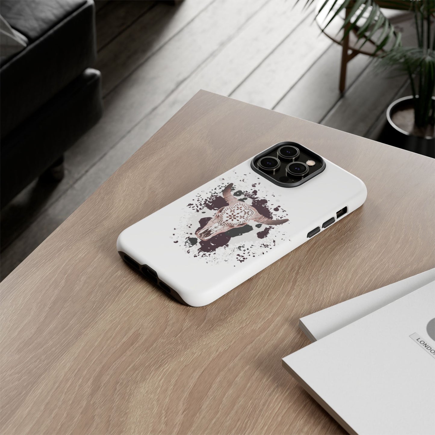iPHONE Bull Skull with Cow Print Tough Phone Case l Gift for Him, Western Style