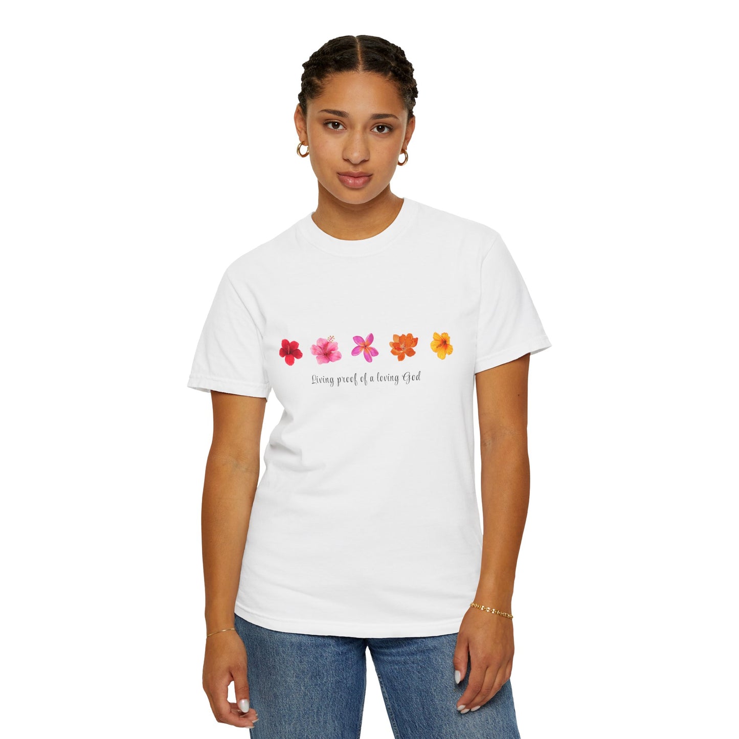 "Living Proof of a Loving God" Stylish Flower Graphic Tee l Casual Wear, Perfect for Summer