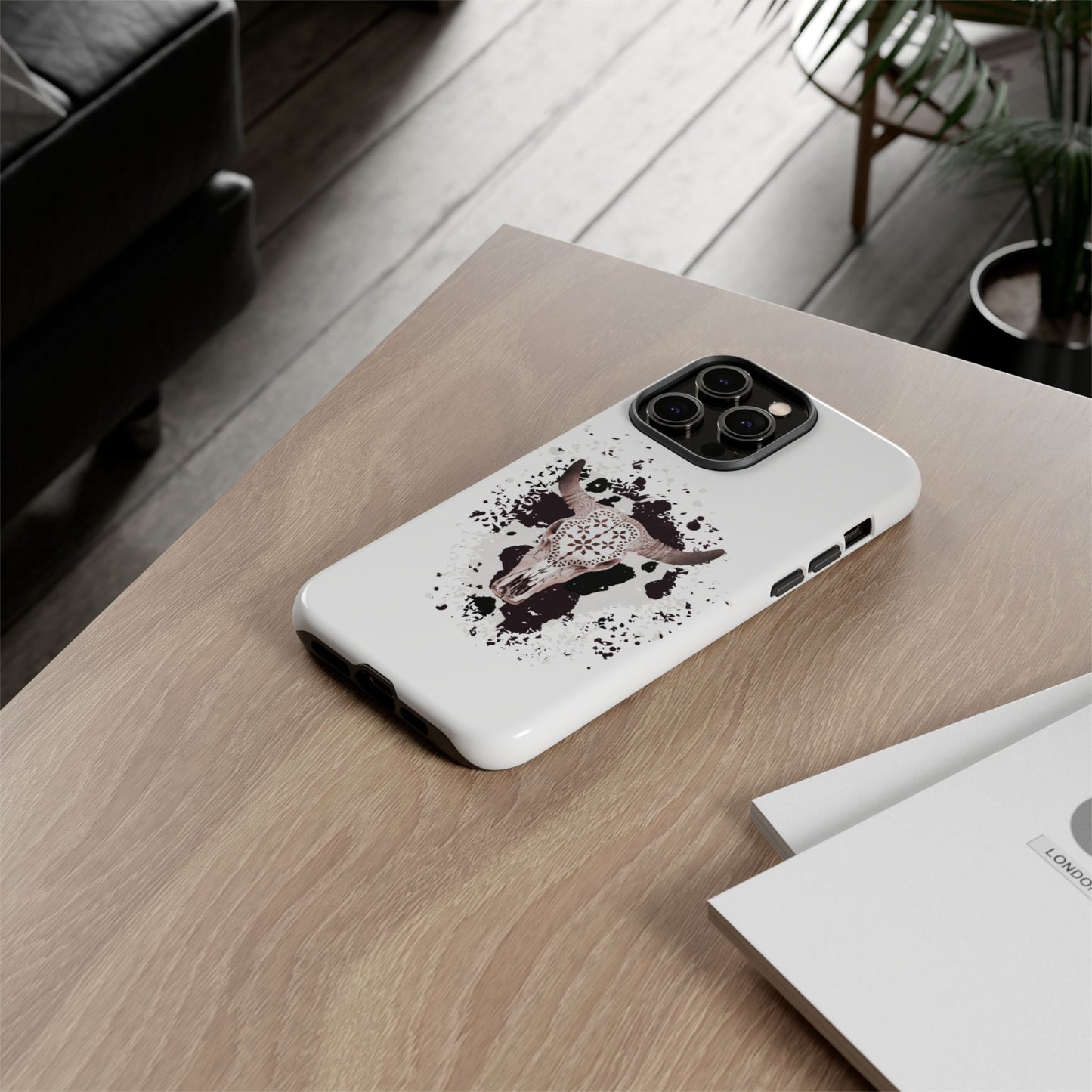 iPHONE Bull Skull with Cow Print Tough Phone Case l Gift for Him, Western Style