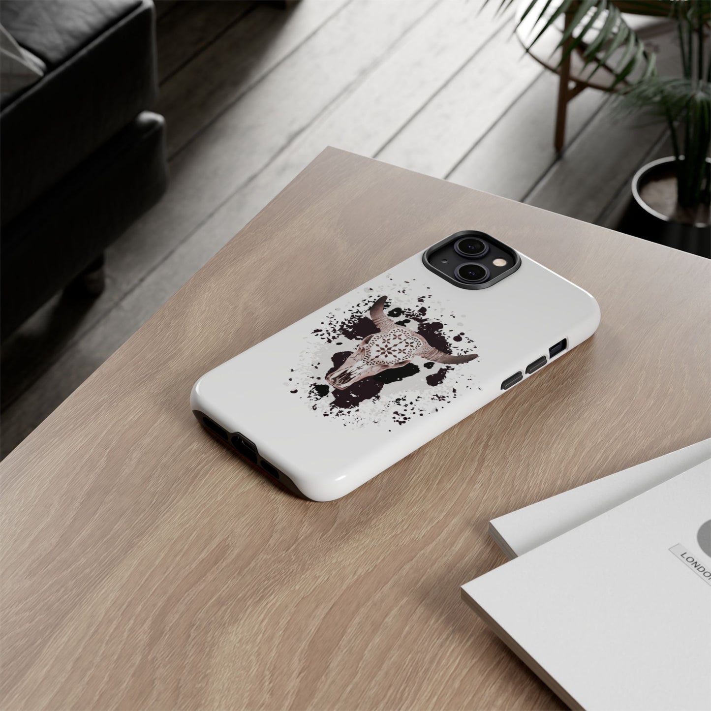iPHONE Bull Skull with Cow Print Tough Phone Case l Gift for Him, Western Style