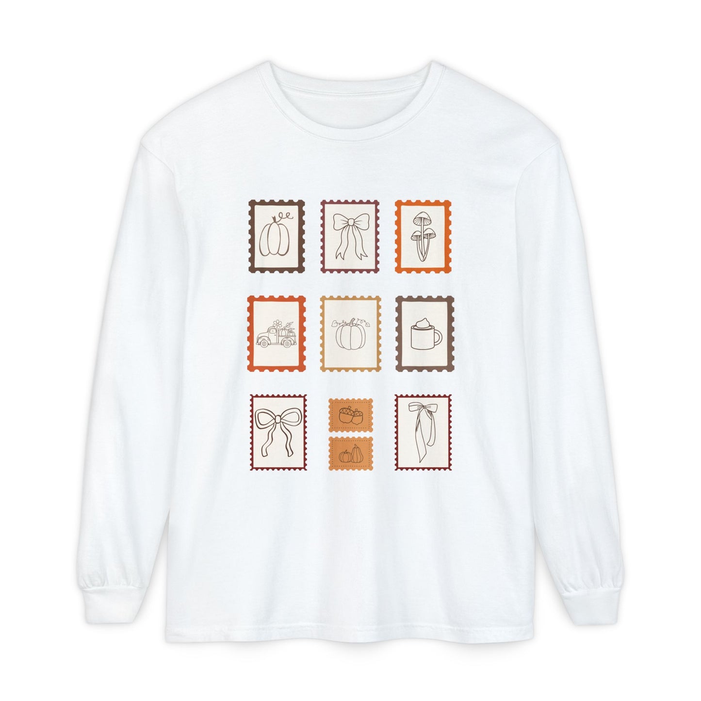 Whimsical Long Sleeve T-Shirt with Vintage Stamp Designs, Perfect for Casual Wear, Gift for Friends, Art Lovers, Birthdays, Holidays