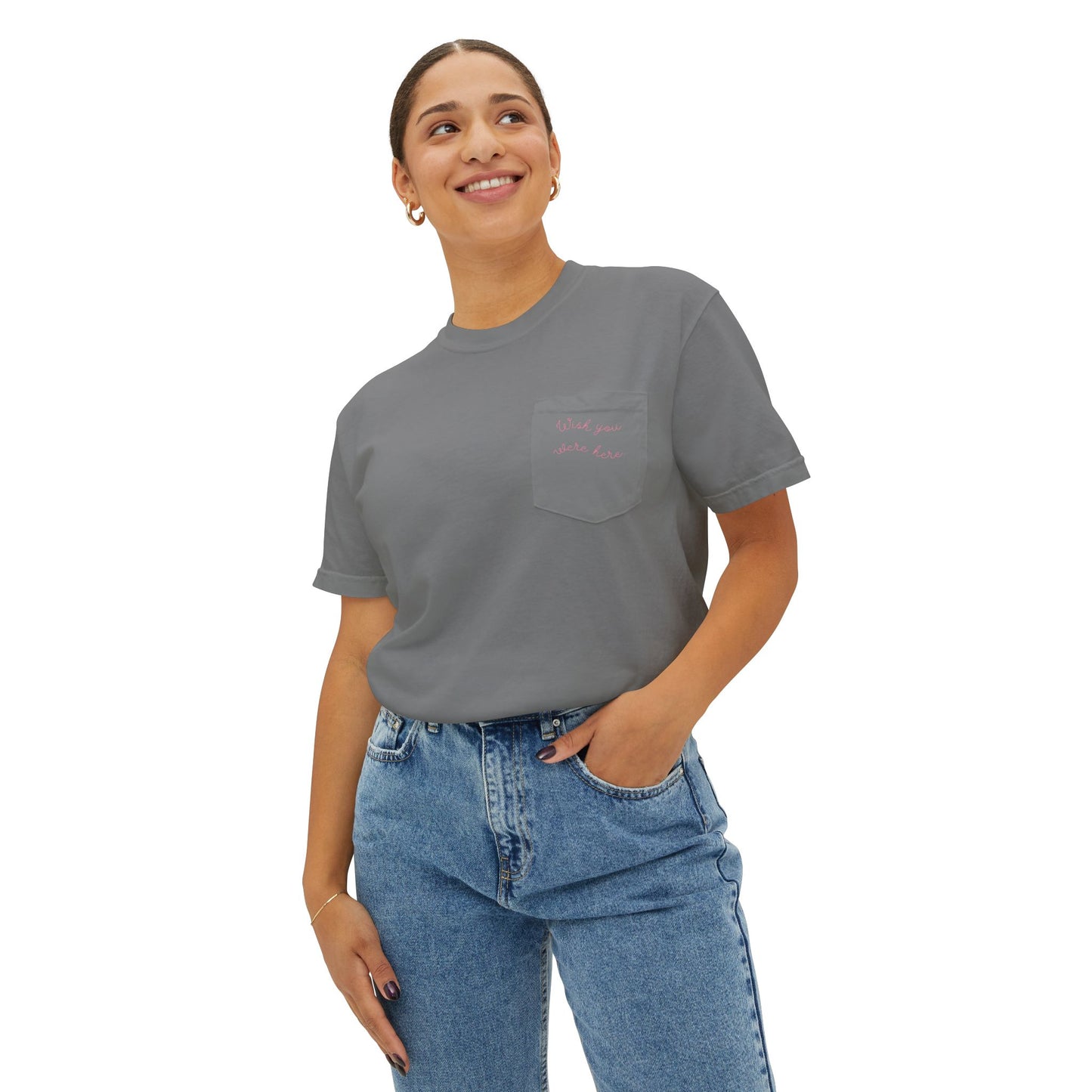 "Wish you were here" Unisex Garment-Dyed Pocket T-Shirt l Casual Everyday Tee, Comfortable Relaxed Fit