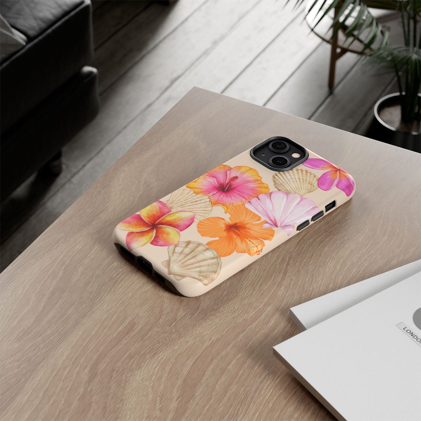 IPHONE Tropical Floral and Seashell Tough Phone Case l Vibrant Summer Accessory, Durable Tough Case for All Occasions