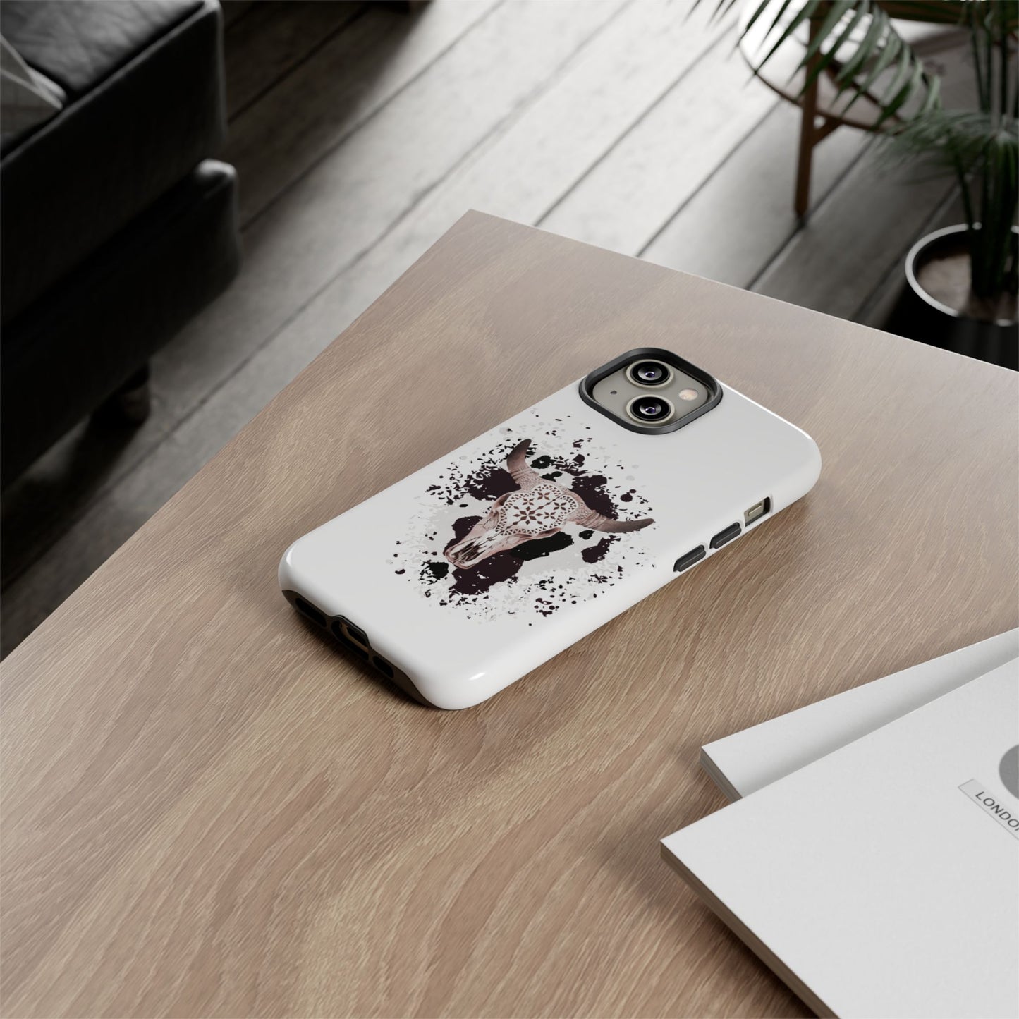iPHONE Bull Skull with Cow Print Tough Phone Case l Gift for Him, Western Style