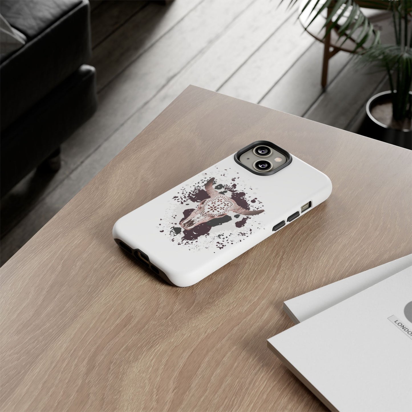 iPHONE Bull Skull with Cow Print Tough Phone Case l Gift for Him, Western Style