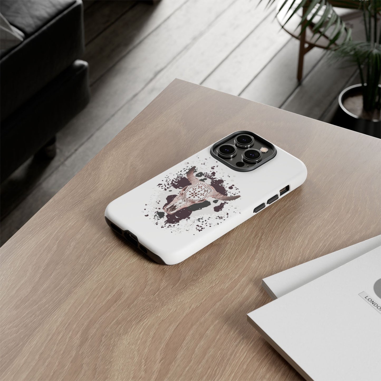 iPHONE Bull Skull with Cow Print Tough Phone Case l Gift for Him, Western Style
