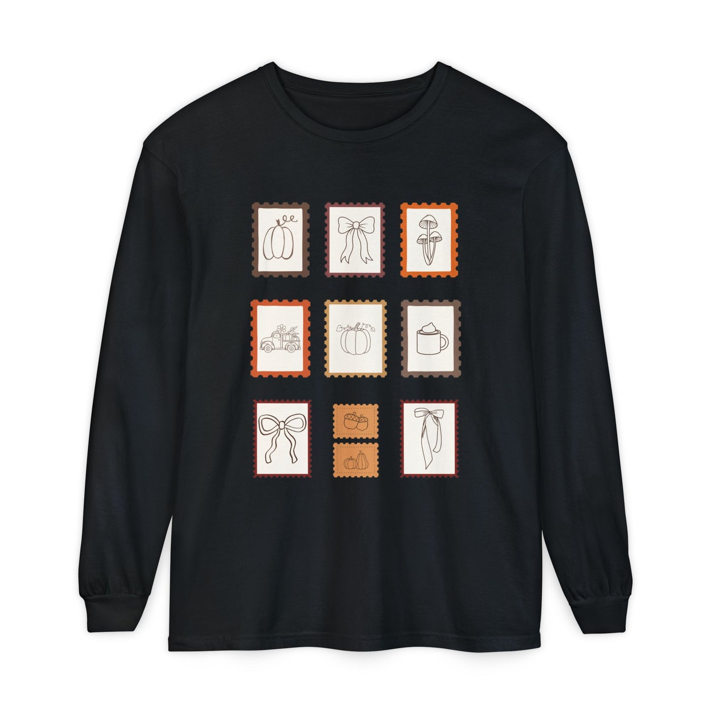 Whimsical Long Sleeve T-Shirt with Vintage Stamp Designs, Perfect for Casual Wear, Gift for Friends, Art Lovers, Birthdays, Holidays