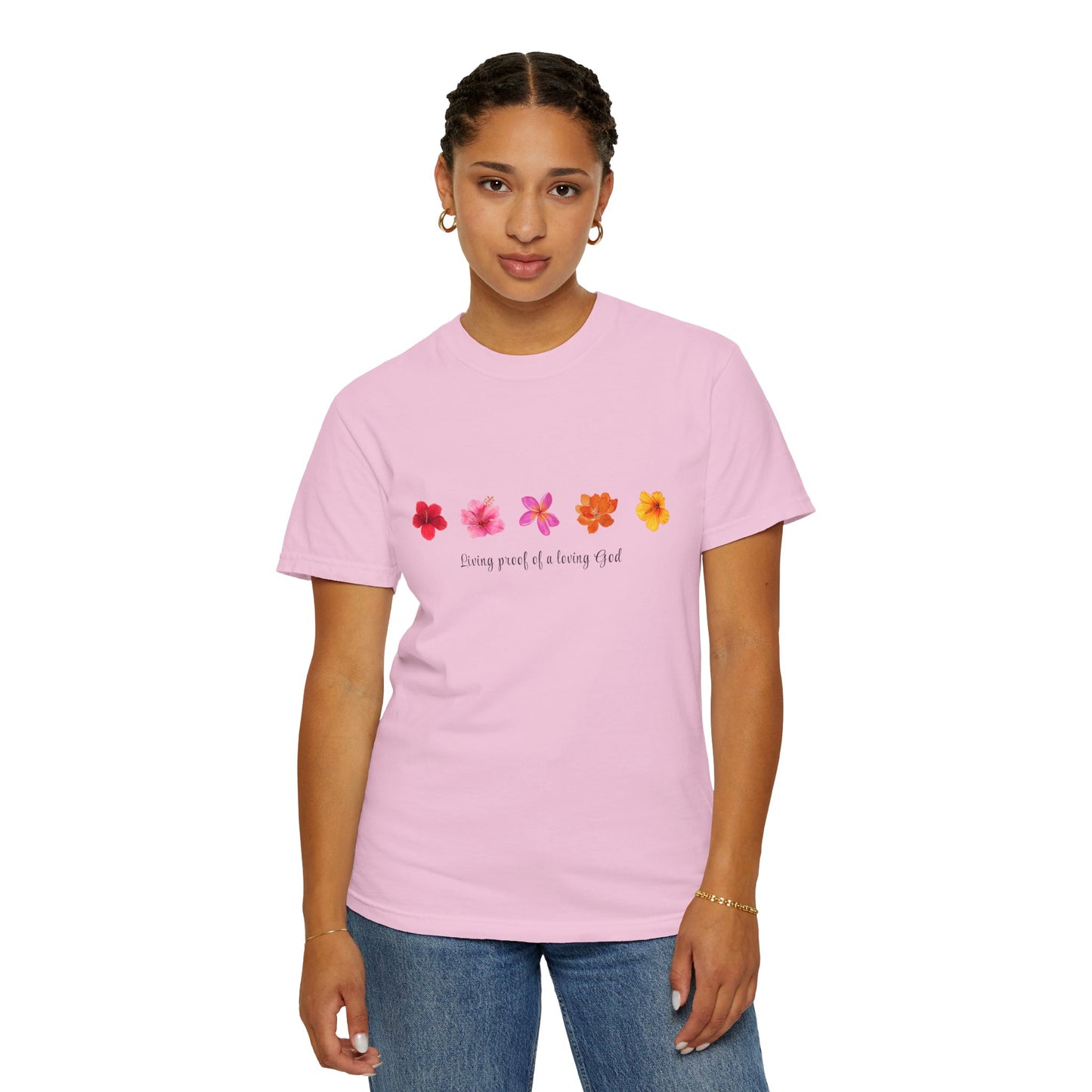 "Living Proof of a Loving God" Stylish Flower Graphic Tee l Casual Wear, Perfect for Summer