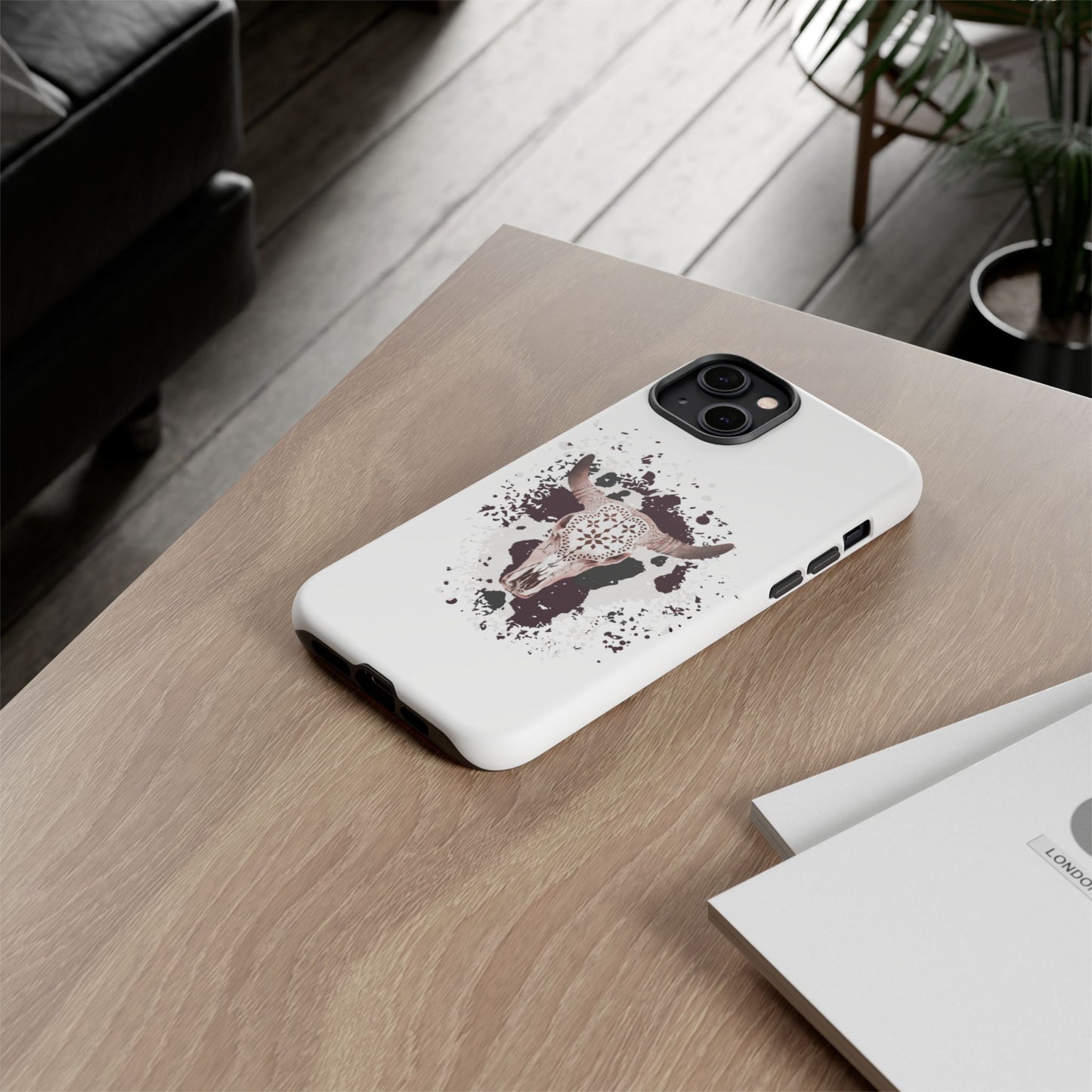 iPHONE Bull Skull with Cow Print Tough Phone Case l Gift for Him, Western Style
