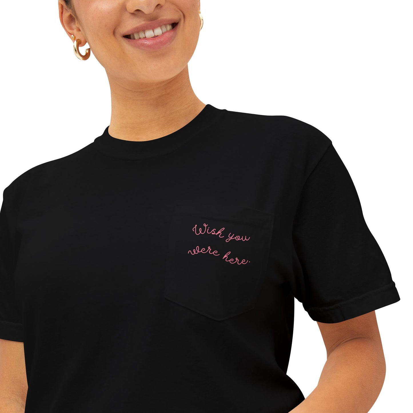 "Wish you were here" Unisex Garment-Dyed Pocket T-Shirt l Casual Everyday Tee, Comfortable Relaxed Fit