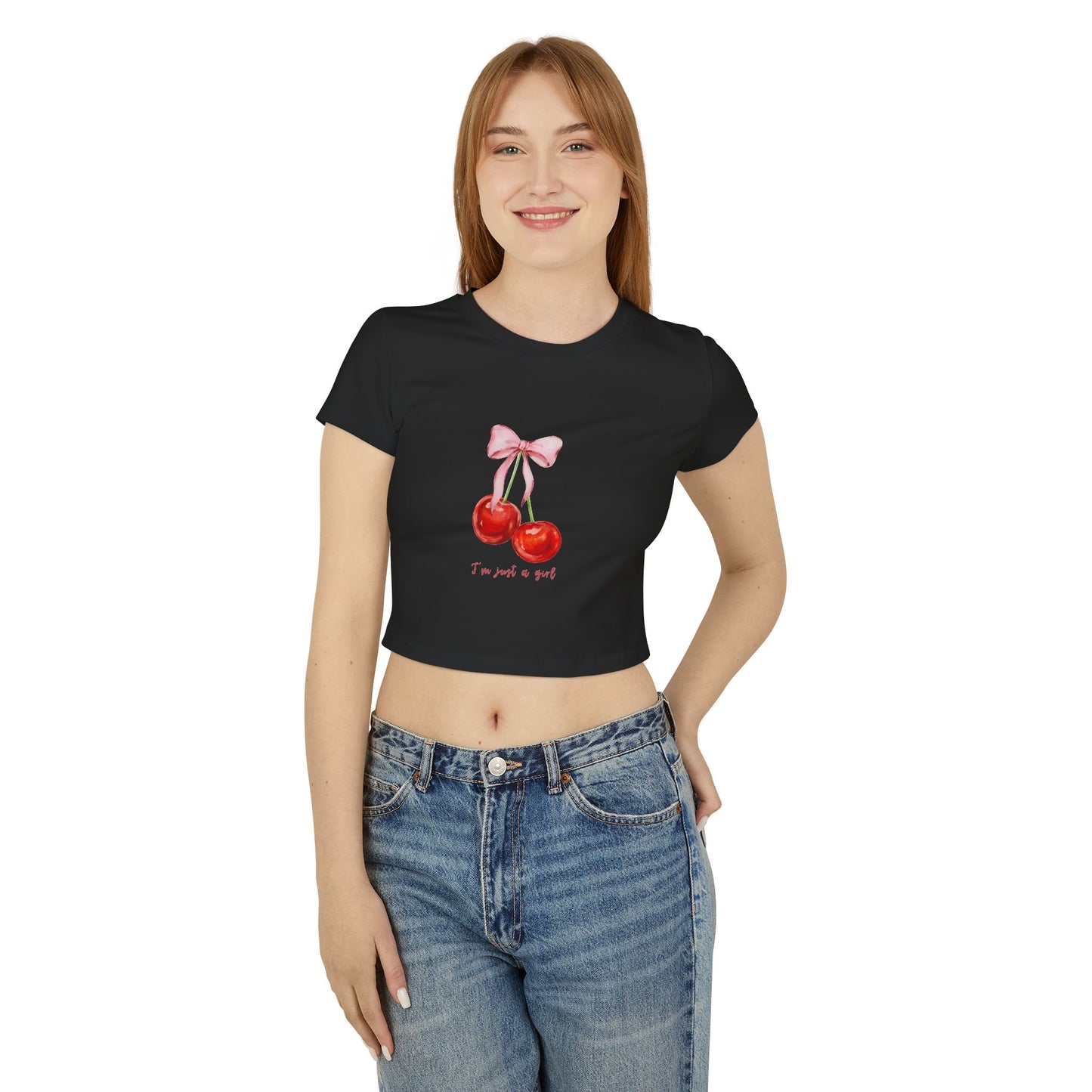 Cute Cherry Graphic Women's Baby Tee - "I'm Just a Girl"