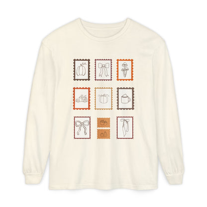 Whimsical Long Sleeve T-Shirt with Vintage Stamp Designs, Perfect for Casual Wear, Gift for Friends, Art Lovers, Birthdays, Holidays