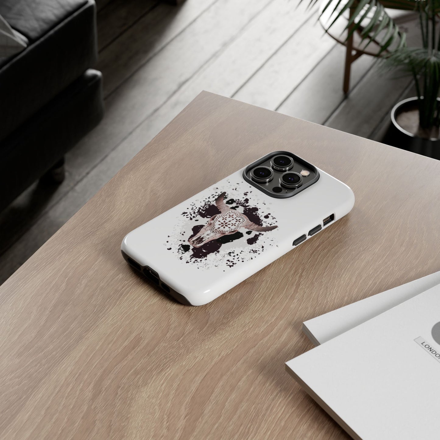 iPHONE Bull Skull with Cow Print Tough Phone Case l Gift for Him, Western Style