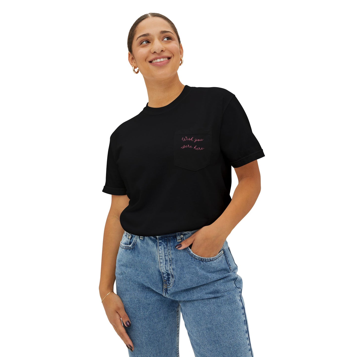 "Wish you were here" Unisex Garment-Dyed Pocket T-Shirt l Casual Everyday Tee, Comfortable Relaxed Fit