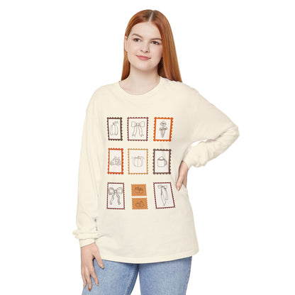 Whimsical Long Sleeve T-Shirt with Vintage Stamp Designs, Perfect for Casual Wear, Gift for Friends, Art Lovers, Birthdays, Holidays