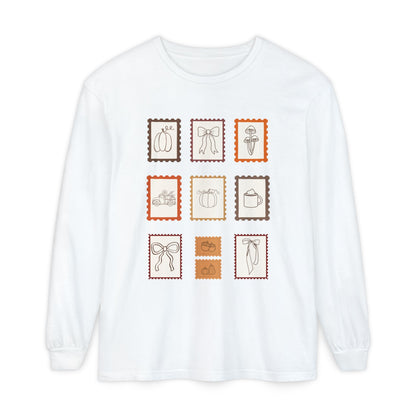 Whimsical Long Sleeve T-Shirt with Vintage Stamp Designs, Perfect for Casual Wear, Gift for Friends, Art Lovers, Birthdays, Holidays