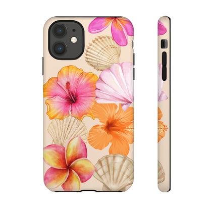 IPHONE Tropical Floral and Seashell Tough Phone Case l Vibrant Summer Accessory, Durable Tough Case for All Occasions