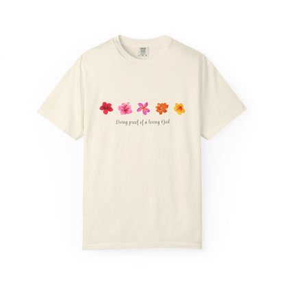 "Living Proof of a Loving God" Stylish Flower Graphic Tee l Casual Wear, Perfect for Summer