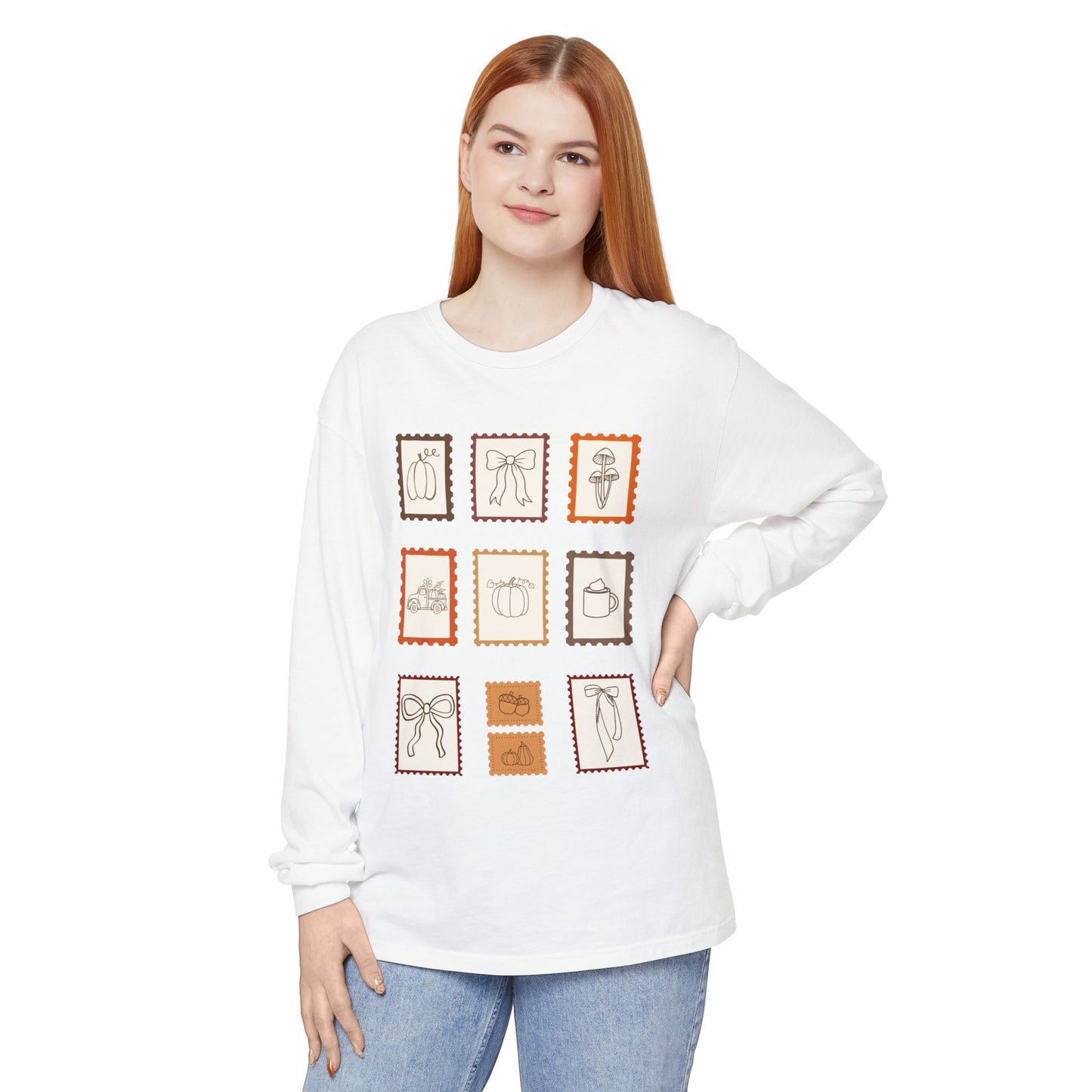 Whimsical Long Sleeve T-Shirt with Vintage Stamp Designs, Perfect for Casual Wear, Gift for Friends, Art Lovers, Birthdays, Holidays