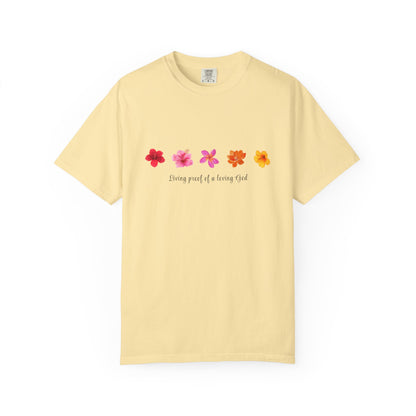 "Living Proof of a Loving God" Stylish Flower Graphic Tee l Casual Wear, Perfect for Summer