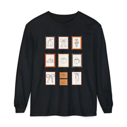 Whimsical Long Sleeve T-Shirt with Vintage Stamp Designs, Perfect for Casual Wear, Gift for Friends, Art Lovers, Birthdays, Holidays