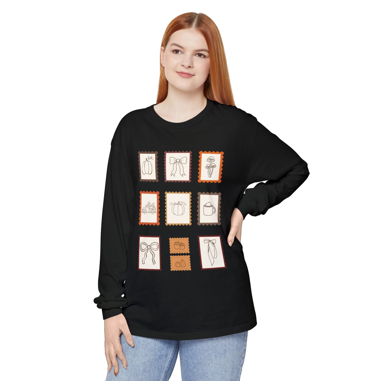 Whimsical Long Sleeve T-Shirt with Vintage Stamp Designs, Perfect for Casual Wear, Gift for Friends, Art Lovers, Birthdays, Holidays